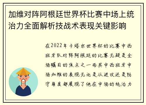 加维对阵阿根廷世界杯比赛中场上统治力全面解析技战术表现关键影响